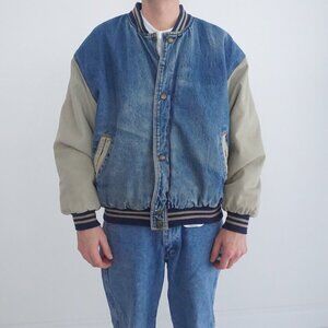 Vtg 90S Denim Express Blue Cream Button Up Quilt Lined Denim Varsity Bomber Coat
